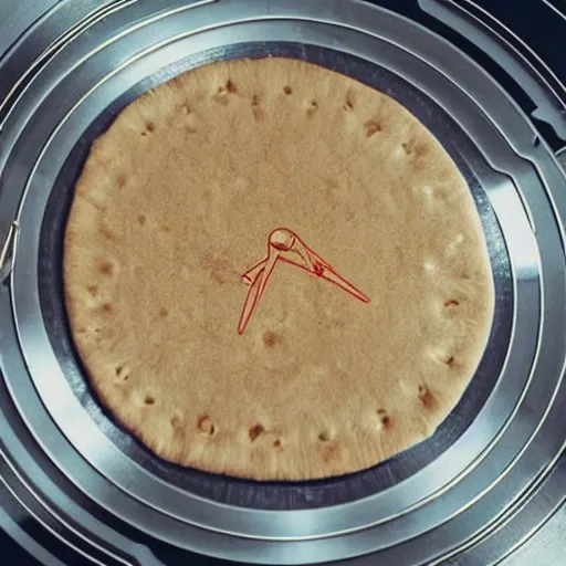Image similar to a disc jockey is scratching with one hand on a turntable that has an Israeli pita bread on it, the turntable’s needle is also on the pita, wide shot