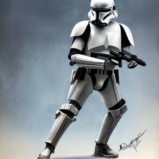 Image similar to full body shot of an imperial stormtrooper in battle position ready to shoot his blaster concept art by Doug Chiang cinematic, realistic painting, high definition, very detailed, extremely high detail, photo realistic, concept art, the Mandalorian concept art style