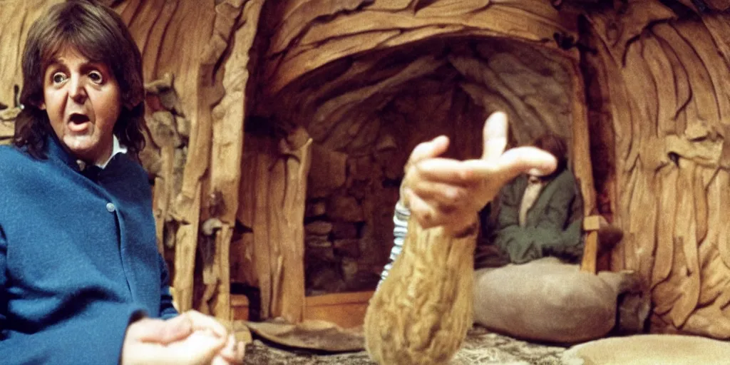 Image similar to A full color still of Paul McCartney dressed as a hobbit inside his house, looking at his palm, directed by Stanley Kubrick, 35mm, 1970