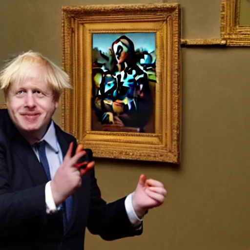 Image similar to Boris Johnson throwing tomatoes at the Mona Lisa