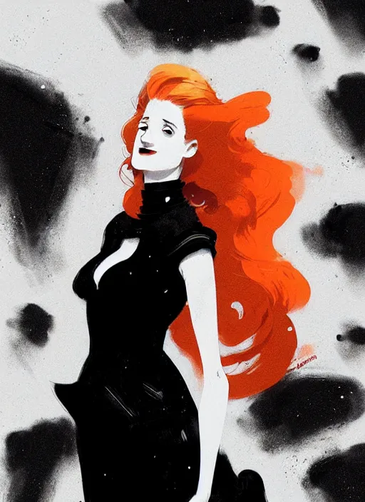 Image similar to highly detailed closeup portrait of beautiful grace gummer as dom dipierro, wavy ginger hair, black dress, by atey ghailan, by greg rutkowski, by greg tocchini, by james gilleard, by joe fenton, by kaethe butcher, gradient orange, black and white color scheme, grunge aesthetic!!! ( ( graffiti tag wall background ) )