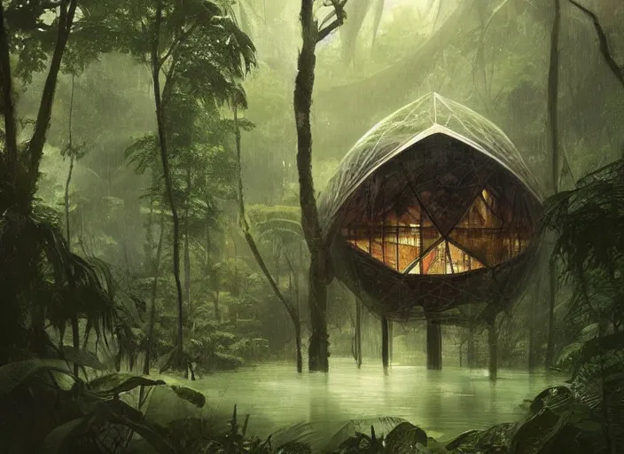 Image similar to a beautiful painting of a geodesic house in a moist tropical rainforest, by greg rutkowski, realism, artstation, nature