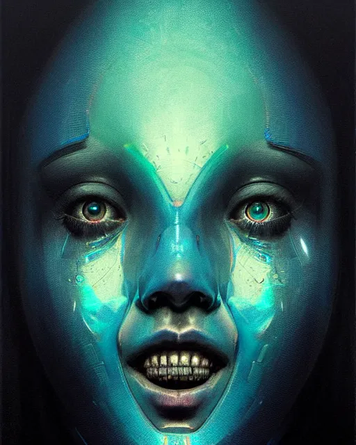 Prompt: echo from overwatch, shattered glass face, broken glass face, blue holographic face, character portrait, portrait, close up, concept art, intricate details, highly detailed, horror poster, horror, vintage horror art, realistic, terrifying, in the style of michael whelan, beksinski, and gustave dore