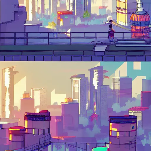 Prompt: katana zero art style city concept art