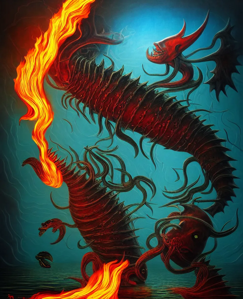 Image similar to mysterious bestiary of wild emotion monsters repressed in the deep sea of unconscious of the psyche lead by baba yaga, about to rip through and escape in a extraordinary revolution, dramatic fire glow lighting, surreal painting by ronny khalil