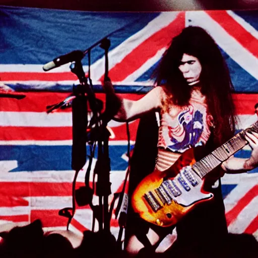 Image similar to 1 9 - year - old girl in a traditional doom metal band, new wave of british heavy metal, live in concert, live 1 9 8 6, united kingdom flags, union jack, playing electric guitar, headbanging crowd of longhairs, audience of longhairs, super 8 mm, grainy photo, colorized