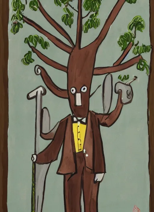 Image similar to painting of a tree person wearing a tuxedo holding two swords in his wooden hands