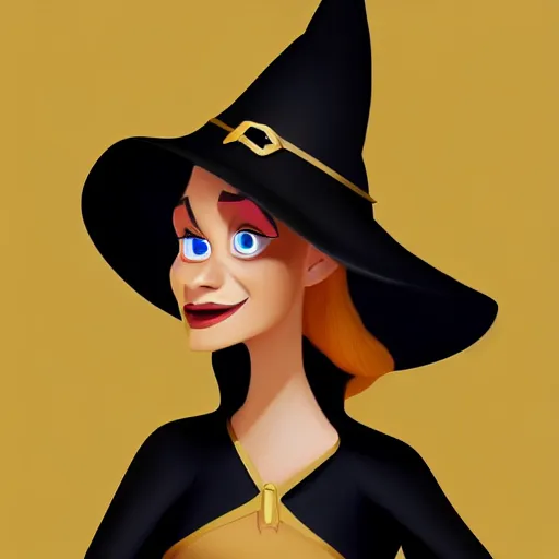 Image similar to portrait of a beautiful female witch in black and golden dress , digital painting , digital art , pixar style , Disney , instagram , trending on artstation