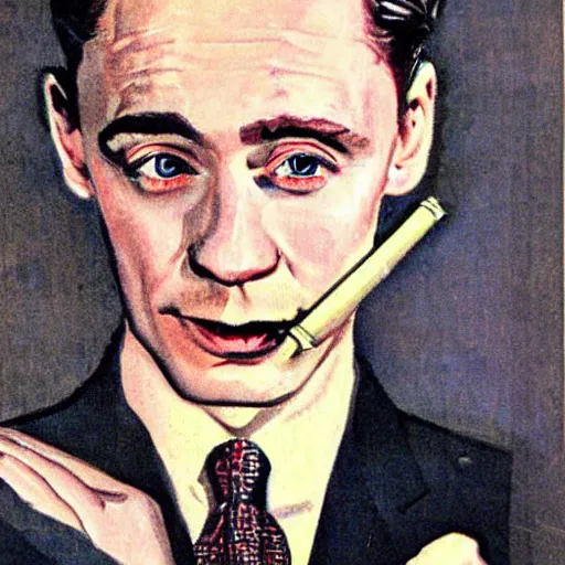 Image similar to Tom Hiddleston portrait, vintage magazine illustration 1950