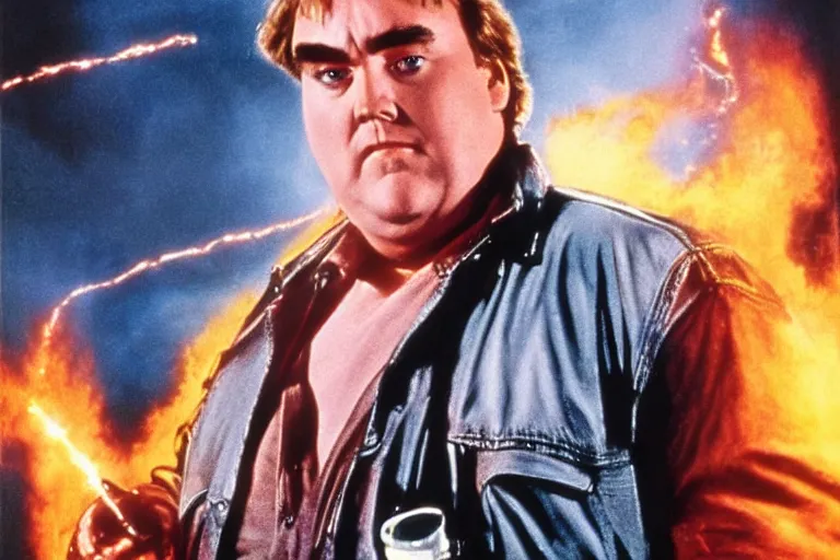 Prompt: VFX movie where John Candy plays the Terminator by James Cameron