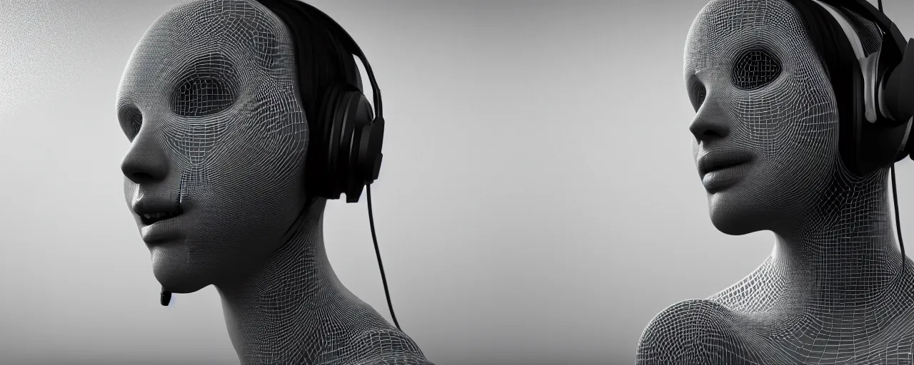 Prompt: 3 d personification of white noise with headphones, high detail, hyper abstract concept, cinematic lighting, black and white, 4 k octane render, nvidia rtx