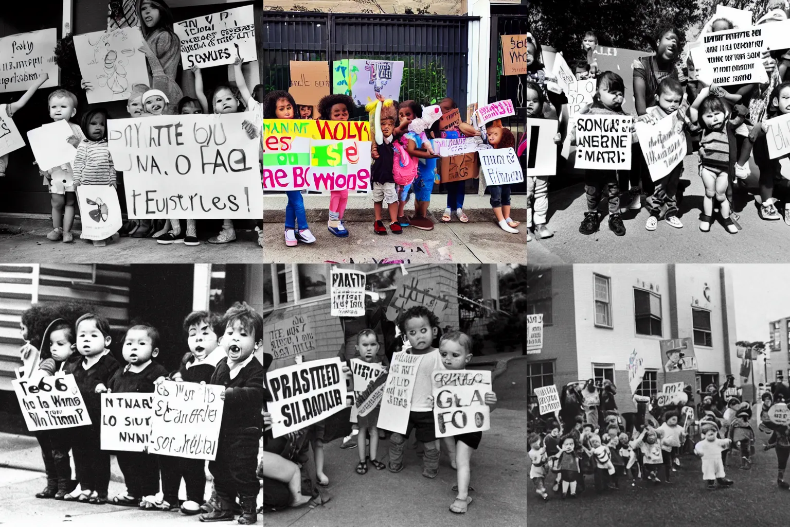 Prompt: Photograph of babies protesting in front of a daycare center, Pulitzer prize winner, stunning, amazing