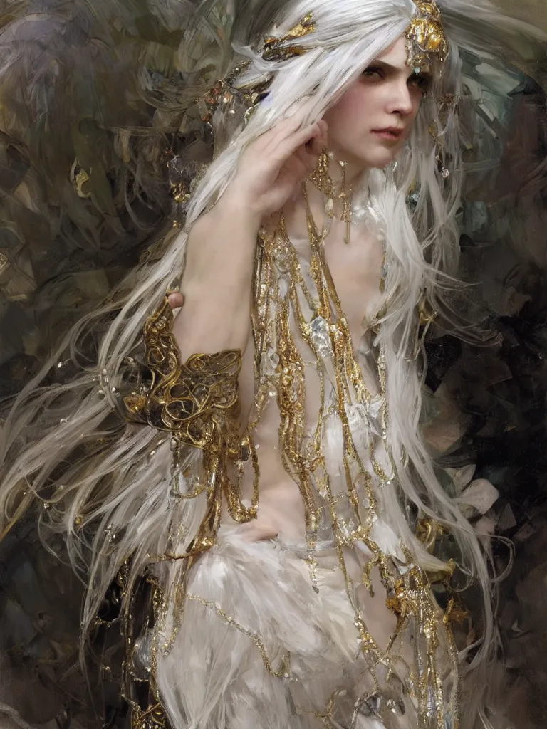 Image similar to a highly detailed beautiful white haired woman, adorned with precious stones and thin gold tendrils, by jeremy mann and alphonse mucha, 8 k resolution, trending on artstation, very very detailed, masterpiece, stunning, intricate,