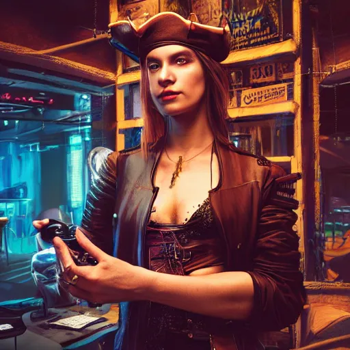 Image similar to a high quality portrait of a beautiful pirate in a cyberpunk cyberpunk cyberpunk cafe, realism, 8k, award winning photo