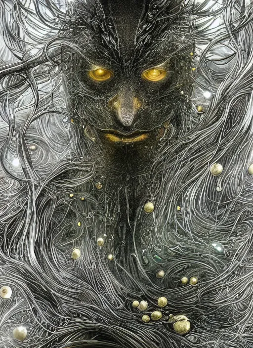 Image similar to glowing silver and golden elements, full close-up portrait, pen and ink crow, book cover, green forest, white moon, establishing shot, extremly high detail, photo-realistic, cinematic lighting, pen and ink, intricate line drawings, by Yoshitaka Amano, Ruan Jia, Kentaro Miura, Artgerm, post processed, concept art, artstation, matte painting, style by eddie mendoza, raphael lacoste, alex ross