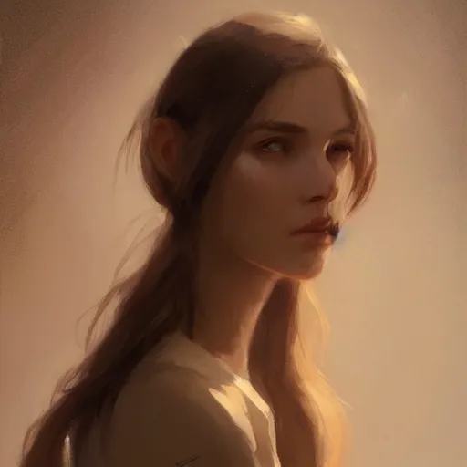 Image similar to Portrait of a woman by Greg Rutkowski, she is about 20 years old, brown long and straight hair, pretty oval face, attractive, sharp lines, Artstation HQ
