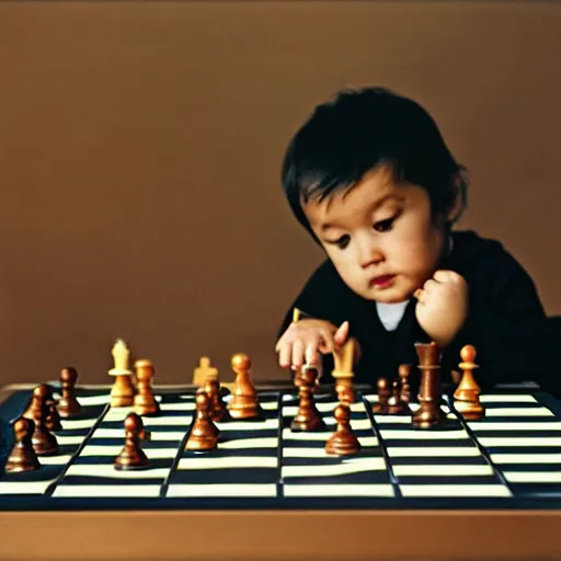 Image similar to portrait photo of a toddler looking at a chess board, confused, by annie liebovitz,