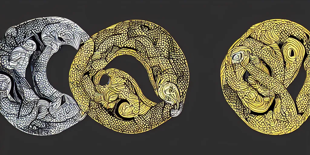 Prompt: realistic scene of cobras as ying yang, golden, 1 4 5 0, ink, ultra realistic, 8 k