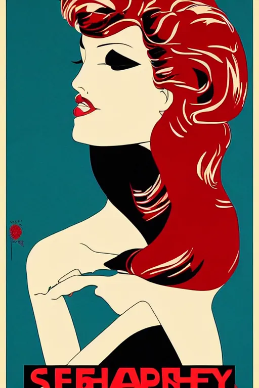 Image similar to Shepard Fairey Patrick Nagel poster of a Famous Actress posed in profile, she has beautiful bone structure and long hair. Eyes closed. highly detailed.