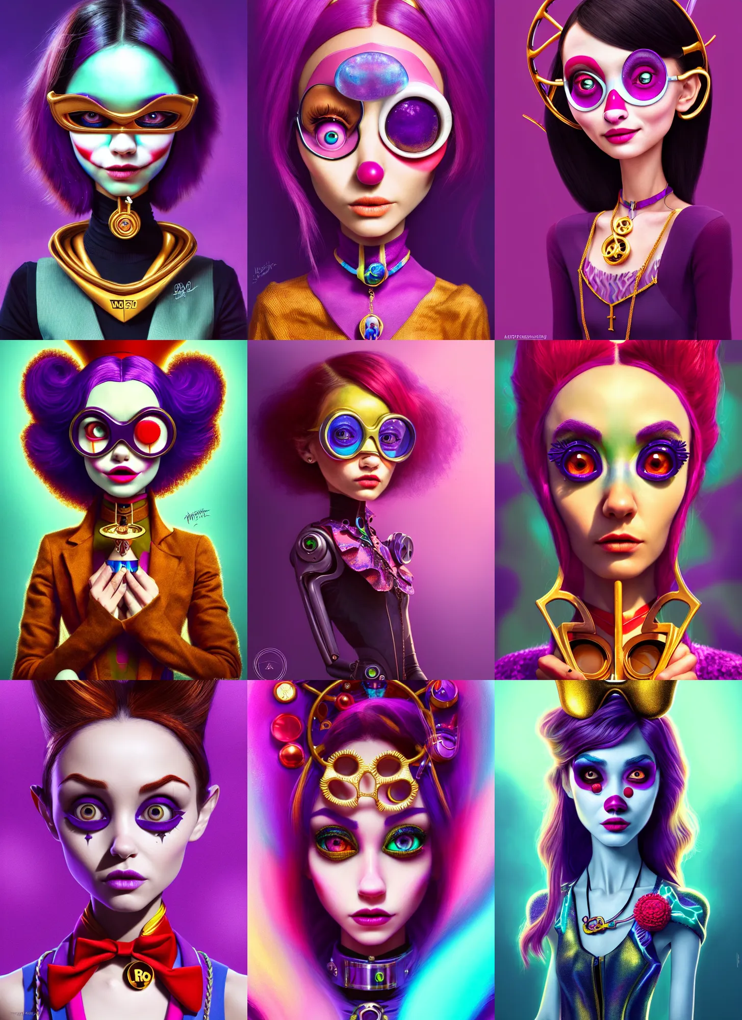 Prompt: pixar portrait 8 k photo, beautiful edc burton wonka clowncore madison beer cyborg woman, golden ratio jewelry, sci - fi, fantasy, cyberpunk, intricate, elegant, highly detailed, digital painting, ever after high, octane render, artstation, concept art, smooth, sharp focus, illustration, art by artgerm, loish, wlop