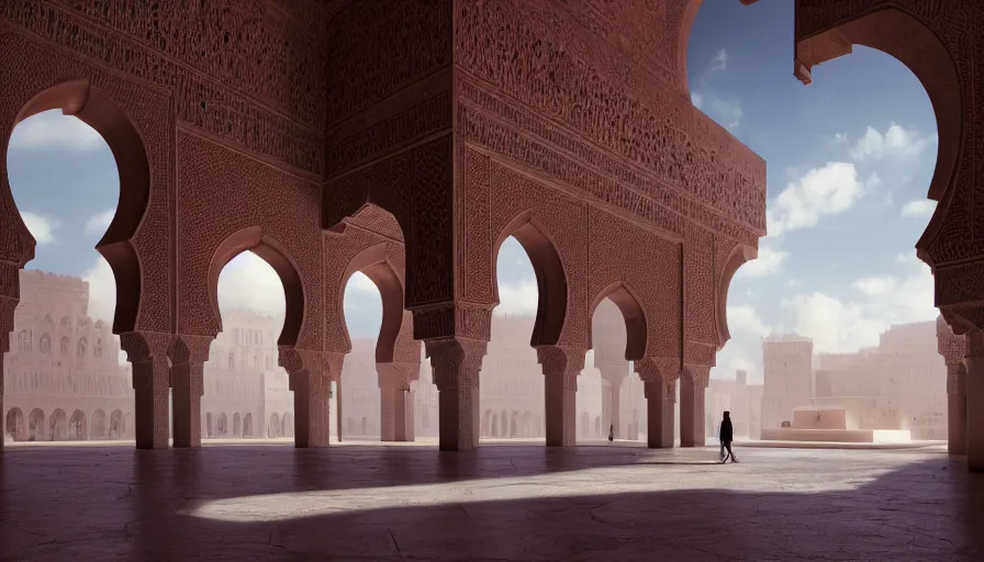 Prompt: the inside of a monument with moroccan motifs, by tim blandin and arthur haas and bruce pennington and john schoenherr, big windows architecture by zaha hadid, octane render, cinematic, scenery, cgsociety, modernism, futuristic, trending on artstation, sci - fi, high detail, high quality, close up angle, people walking