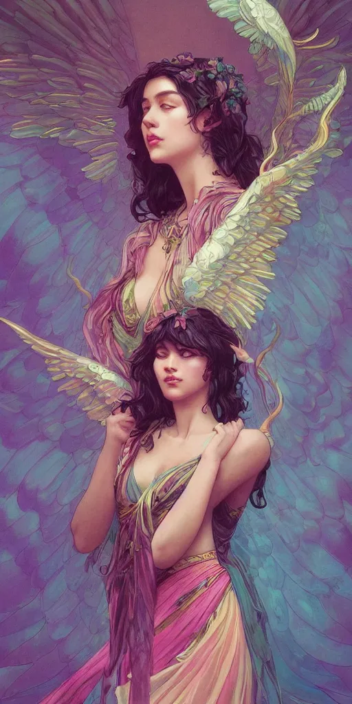 Image similar to beautiful, young woman, sad eyes, tears running down, vaporwave aesthetic, synthwave, colorful, psychedelic, long gown, ornate, intricate, angelic wings, digital painting, artstation, concept art, smooth, sharp focus, illustration, art by artgerm and greg rutkowski and alphonse mucha