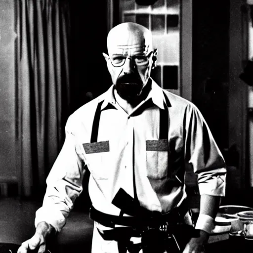 Prompt: walter white heisenberg cooking meth as a nazi scientist whiye uniform black and white photo