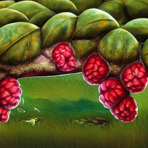 Prompt: a beautiful painting powerful raspberry forest raspberry forest pod cocoa pine tree nut, by wendy froud and ghibli studios, an 8 megapixel webcam recording electron microscope, national geographic photo aquatic creepy village couch turtle