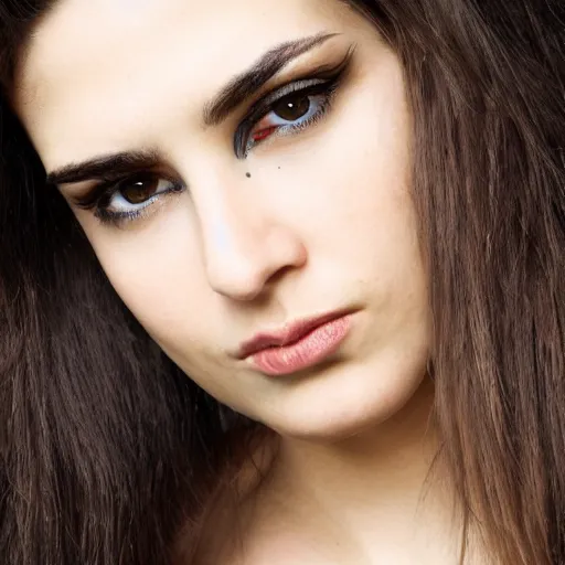 Prompt: photo of an atractive cool alternative bosnian woman in her early 20s. beautiful face. She has dark brown hair, dark thick eyebrows, brown eyes and shoulder long hair.