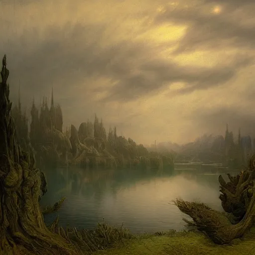 Prompt: an ethereal intricate and fantastically horrifying hyperdetailed painting of a lake by darrell bush, zaria forman, maxim grunin, carina francioso, jan van goyen, and caspar david friedrich 8 k resolution