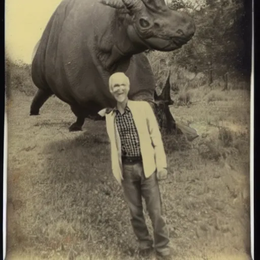 Prompt: old polaroid photo of an old man hunter standing proudly next to a triceratops corpse