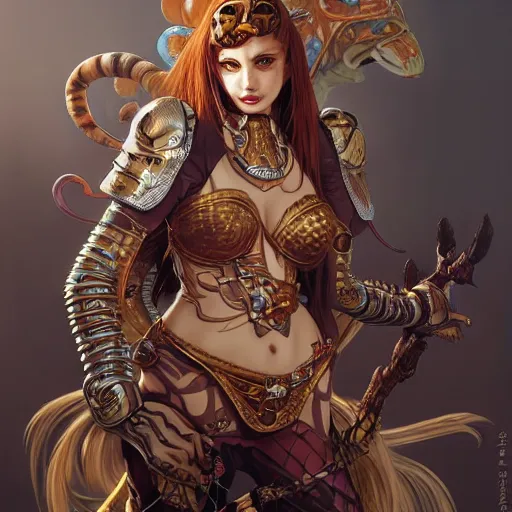 Image similar to portrait of young cool slim tigress tiger beast-girl catgirl tabaxi wearing leather armor by Yoshitaka Amano and artgerm and greg rutkowski and alphonse mucha and andrei riabovitchev and Rossdraws and Bluesssatan and Mandy Jurgens and Stjepan Sejic