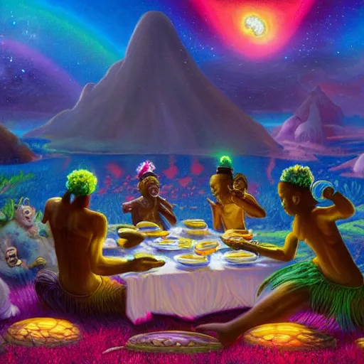 Prompt: A PHOTOREALISTIC 8K RESOLUTION PAINTING OF AN ALIEN TEA PARTY WITH THEIR FRIENDS FROM THE AFRICAN TRIBE IN FRONT OF THE TEMPLE OF THE MOON WITH BIOLUMINESCENT MUSHROOMS AND RAINBOW FIREFLIES, BY Noah Bradley