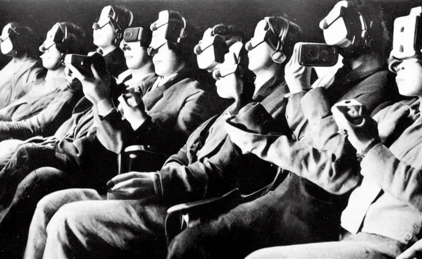 Image similar to 1 9 0 0 s photo of people using iphones ipods virtual reality headsets vr in a movie theater masterpiece