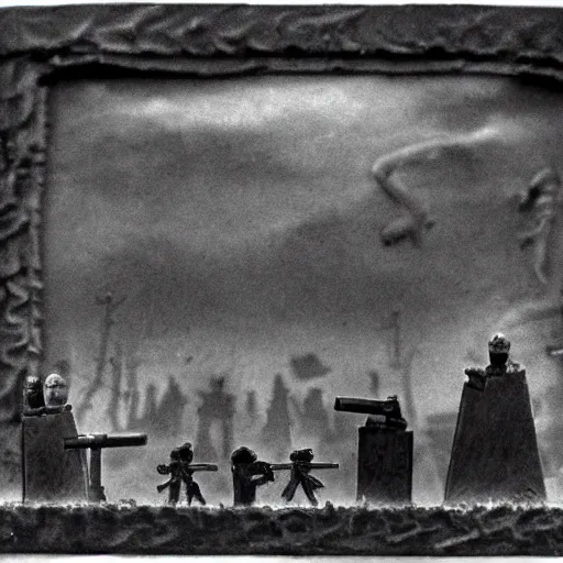 Image similar to world war ii, surrealistic detailed claymation art, dark, moody, foggy