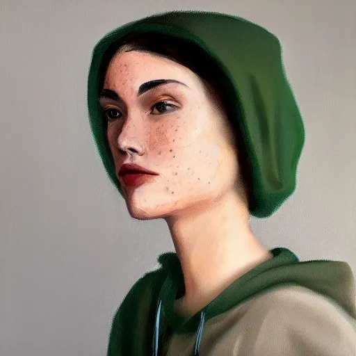 Image similar to woman with freckles, short brown hair, green eyes, wearing a grey hooded sweatshirt, trending on artstation, oil painting, volumetric light