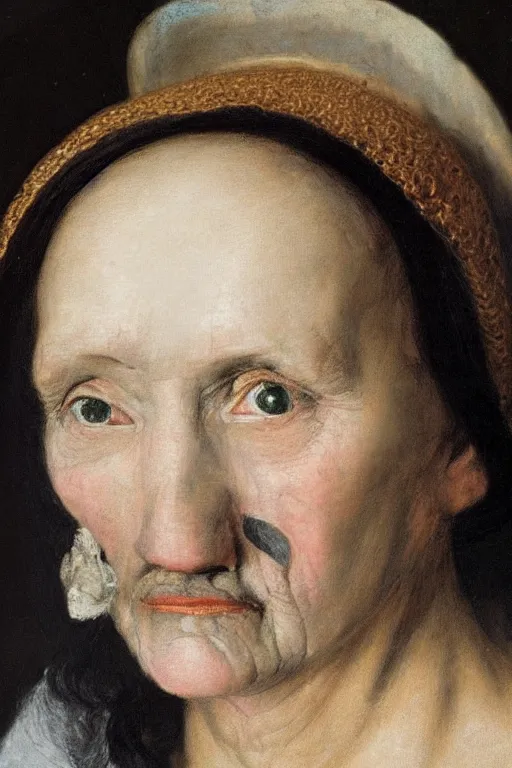 Prompt: hyperrealism extreme close-up portrait of medieval female with with leprosy, with mustache, pale skin, wearing cylinder hat, in style of Francisco Goya