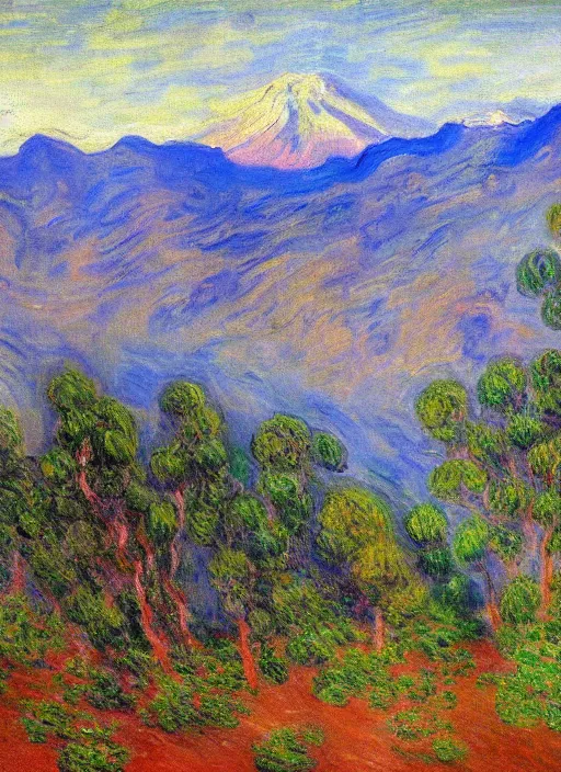 Prompt: a landscape of the andes mountain range of the city of santiago de chile impressionist painting by monet