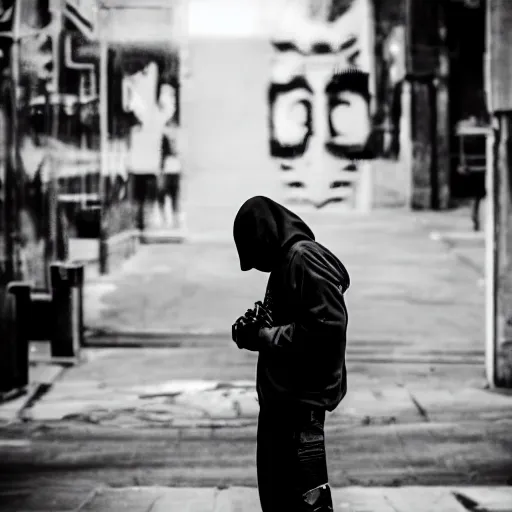 Prompt: higly details of gas mask asian guys holding his blue hoodie sleeve, black and white effect, banksy art style