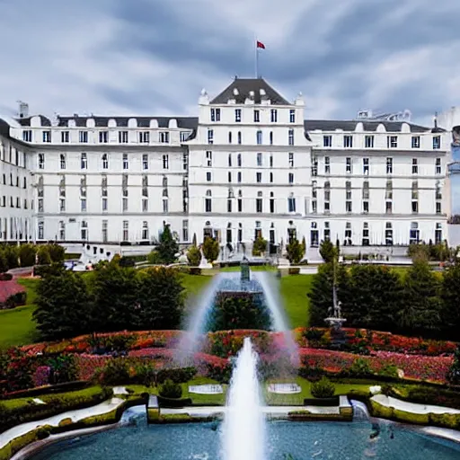 Image similar to a white grand hotel, with a hundred of windows, and a fountain at the yard of the hotel, satellite view photo