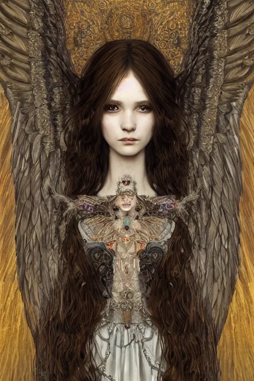 Image similar to portrait of beautiful young gothic angelic maiden, cyberpunk, highly detailed, artstation, illustration, art by Gustav Klimt