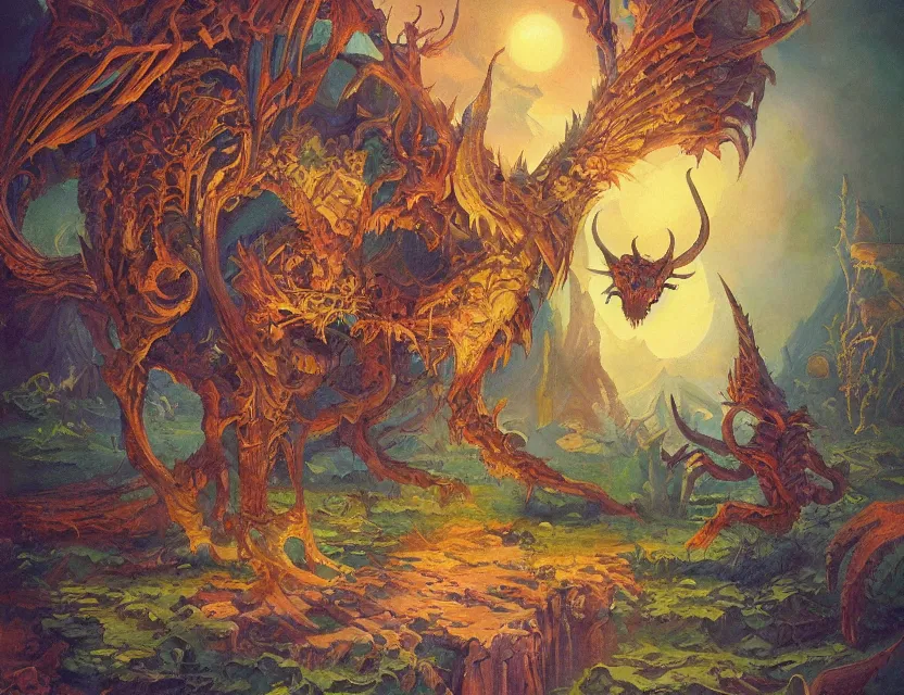 Prompt: otherwordly harbringer of doom. this oil painting by the beloved children's book illustrator has a beautiful composition, interesting color scheme and intricate details.