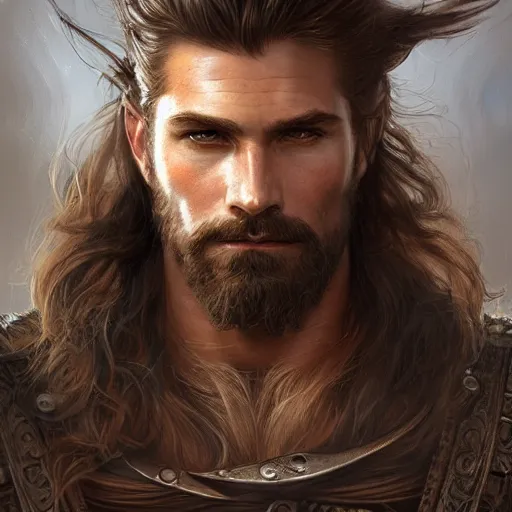 Prompt: portrait of a young, ruggedly handsome warrior, soft hair, muscular, half body, leather, hairy, d & d, fantasy, intricate, elegant, highly detailed, digital painting, artstation, concept art, smooth, sharp focus, illustration, art by artgerm and greg rutkowski and alphonse mucha