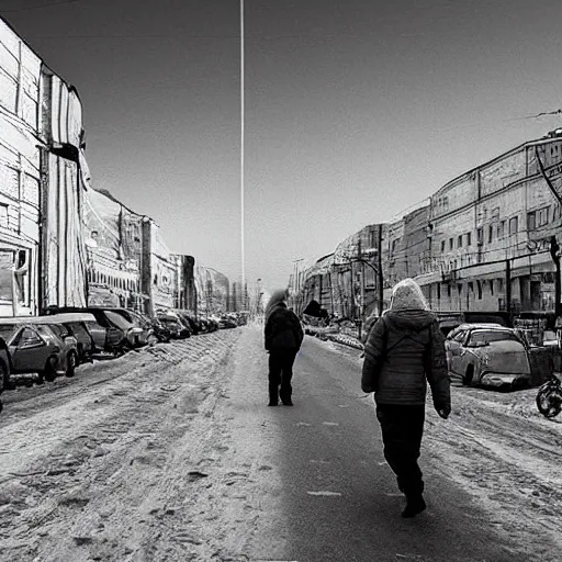 Prompt: moonwalker streetphoto, city street on the moon, a detailed photo of a norilsk, moon landscape