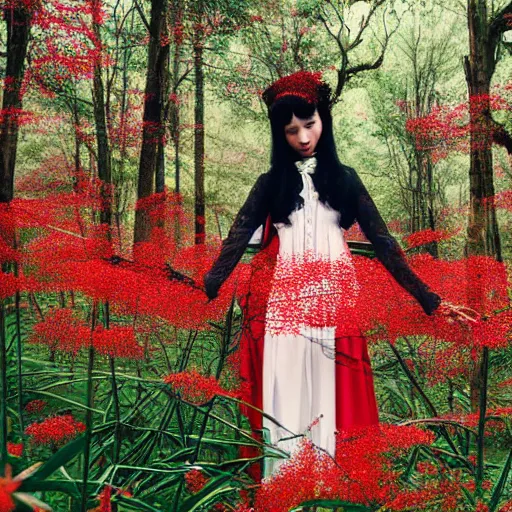 Prompt: black haired girl in victorian clothing surrounded in a forest full of red spider lily flowers on a semi-cloudy day