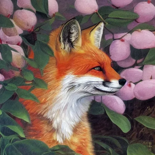 Image similar to a portrait of a Red Fox in a white magnolia forest in the style Alexandre Cabanel