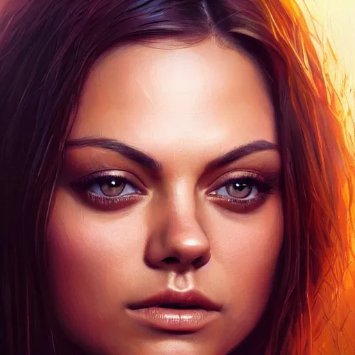 Image similar to closeup portrait of mila kunis as a beautiful radiant queen, crown, serene colors, lake background, complimentary contrast, dramatic lighting, masterpiece, high contrast, painted by stanley lau, painted by greg rutkowski, painted by stanley artgerm, digital art, trending on artstation