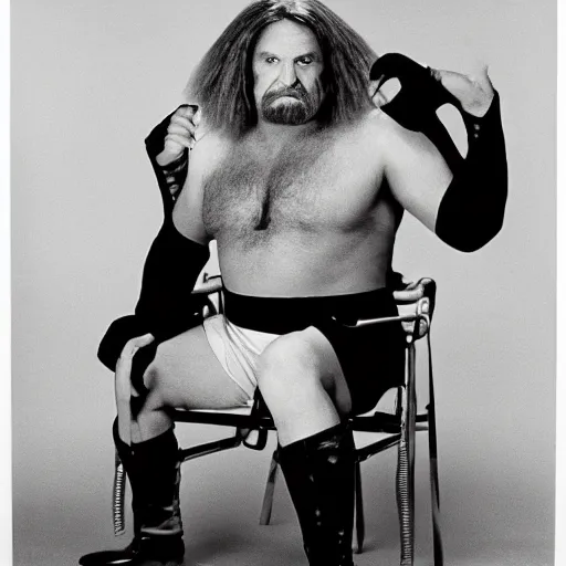 Image similar to Sears portrait studio photo of 1980's World Wrestling Federation villain named 'Wild Turkey'