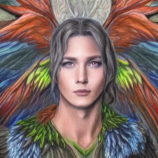 Image similar to hyper realistic color pencil drawing of a young male fairy druid with hawk wings, D&D character Art, detailed, rim light, diffused, intricate