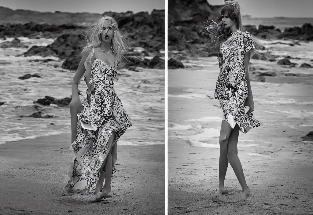 Image similar to fashion editorial in front of tsunami, on the beach.